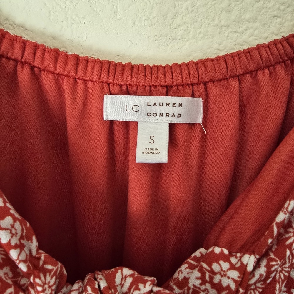 Lauren Conrad Women Sz S Peasant Mini Dress Ditsy Floral Tier Red Boho Tie Front - Picture 2 of 11